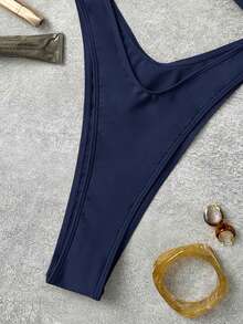 Bonvoyette Traje de baño de una pieza de vacaciones sexy con adorno único, de unicolor, con tirantes gruesos y parte delantera hueca - Azul Marino - Ver 5