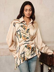 Anewsta Áo sơ mi nữ bằng vải satin màu sâm panh in họa tiết dây xích, dáng bất đối xứng, thắt eo, thích hợp cho mùa xuân/hè. - Rượu sâm banh - Xem 5
