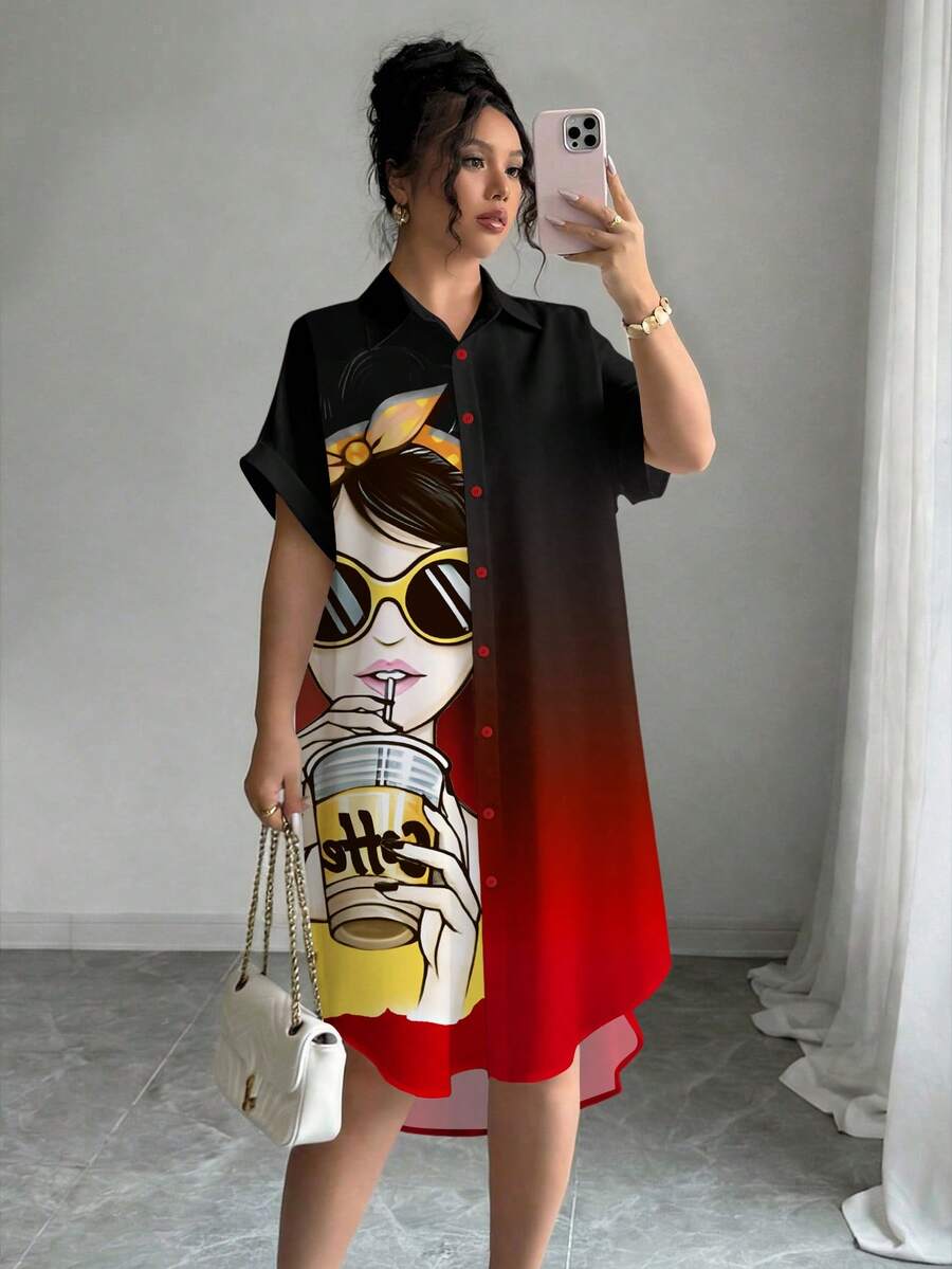SHEIN LUNE 夏季休闲渐变卡通印花纽扣连衣裙 - 紅色和黑色 - 查看 1
