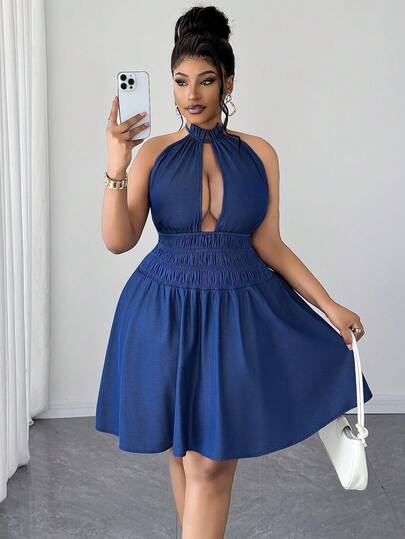 Maweii Vestido sexy de talla grande para mujer con estilo de mezclilla, hombros descubiertos, espalda descubierta y lazo