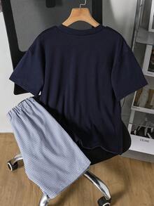 2pcs/Set Boys' Summer Casual Sports Outfit,Navy Blue T-Shirt & Striped Shorts,Back-To-School School Daily Wear,Elastic Waist Comfortable Fashionable - Navy Blue - View 2