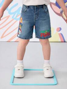 SHEIN | PAW Patrol 1pc Boy Casual Cartoon & Letter Print Denim Shorts, Comfortable Elastic Waist Versatile Jeans Shorts - Blue - View 3