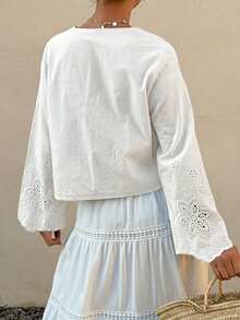Livesso Trang phục đi nghỉ hè: Áo kiểu rộng rãi bằng vải cotton ren thắt nơ dành cho nữ. - trắng - Xem 2
