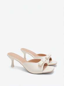 Eladyva Women Bow Decor Mule Heeled Sandals, Elegant Outdoor Heeled Sandals Valentines,Kitten Heels,Spring Summer Outfits - White - View 6