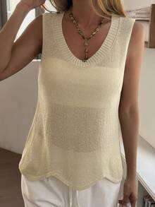 DAZY Blusa de punto sin mangas de unicolor minimalista, adecuada para primavera y verano - Albaricoque - Ver 4