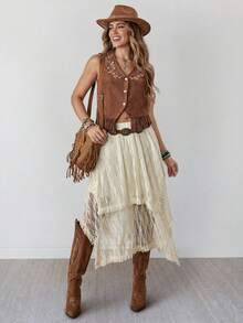 Wildy Damen weiße Blumen Sommer Boho Urlaub Western Country Musik Festival bestickte Quasten ärmellose Weste Hemd, lässige braune Basics, Konzert - Kaffeebraun - Übersicht 5