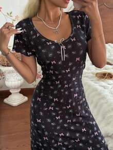 CottageSlumber Floral Bow Decor Fitted Dress For Women - Black - View 4