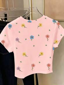 Teenage Girls' Casual Fresh Daisy Ditsy Floral Short Sleeve Round Neck T-Shirt, Pink Summer Tops For Daily Wear - Multicolor - View 2