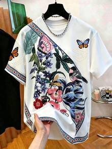 EMERY ROSE Women's Brown T-Shirt, Summer Bali Vacation Faux Embroidery Beaded Pattern Print T-Shirt, Round Neck Loose Elegant Tee Suitable For Daily Wear, Gym - White - View 3