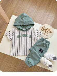 2pcs Baby/Toddler Striped Hoodie Sleeveless Top And Jogger Pants Set, Blue, Casual Collegiate Style Suitable For Home, Outdoor, School - Red and White - View 3