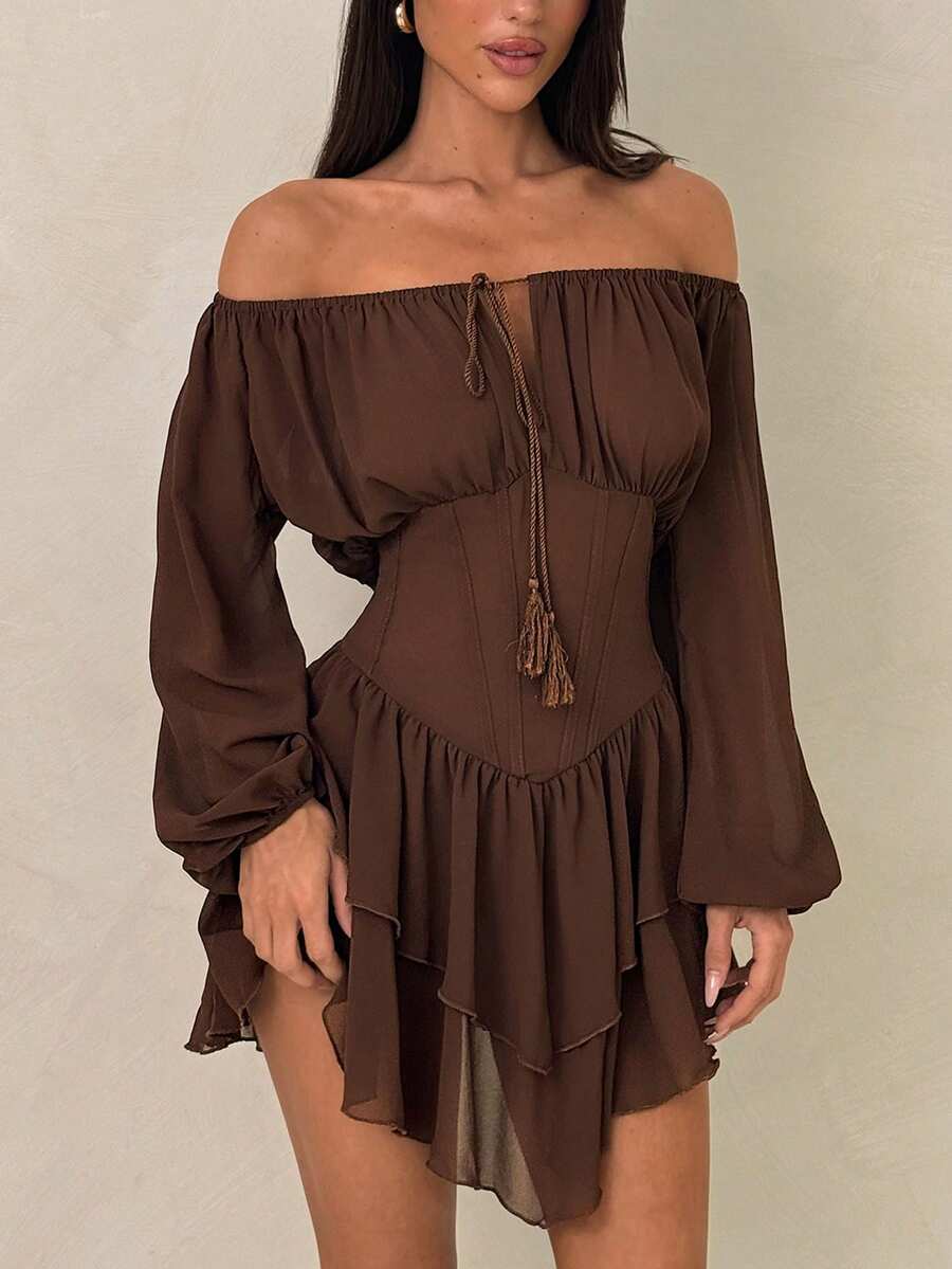 SHEIN ICON Women's Solid Color Off Shoulder Long Sleeve Front Tie Ruffle Hem Mini Dress Dinner Date Coffee Brown Autumn Elegant - Brown - View 1