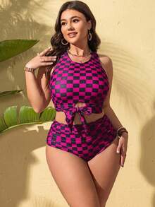 Swim Lushoire Bộ đồ bơi hai mảnh có đệm mút, họa tiết kẻ caro, cỡ lớn dành cho nữ. - Màu Hồng Tươi - Xem 3