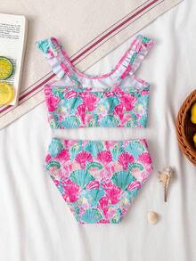 SHEIN 少女貝殼印花荷葉邊飾比基尼套裝，2件式高腰泳衣，適合夏季海灘家庭度假假日親子套裝泳裝 - 彩色 - 查看 2
