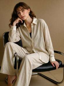 MOTF PREMIUM WOMEN'S SPRING SOLID COLOR LINEN-LIKE BAMBOO KNOT PATCHWORK SATIN ELEGANT SHIRT AND PANTS 2 PIECES SET - Khaki - View 5