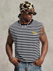 PAVTROS Men's Striped Letter Print Crew Neck Casual Tank Top - Black and White - View 2