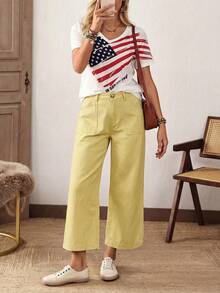 EMERY ROSE Plus Size Casual Versatile Solid Color Wide Leg Jeans Holiday Vacation Light Yellow Summer - Yellow - View 5