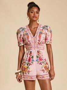 Travachic Women's Summer Tropical Print Vacation Romper With Puff Sleeves - Pink - View 1