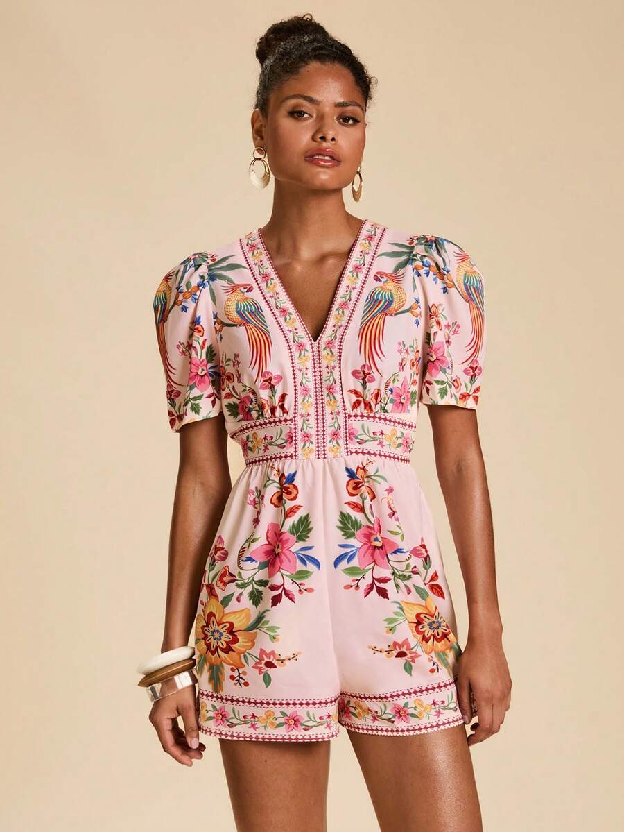 Travachic Women's Summer Tropical Print Vacation Romper With Puff Sleeves - Pink - View 1