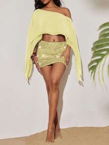 Opulessa 2pcs Solid Color Knit Fitted Tube Top & Asymmetric Neck Loose Woven Blouse Set,Summer Top - Light Yellow - View 3