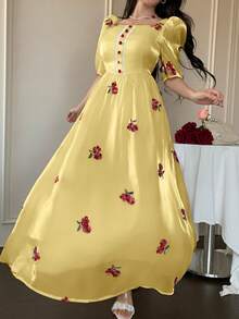 Modelyn 方領刺繡花卉收腰泡泡袖女款洋裝，春/夏 - 黃色 - 查看 6