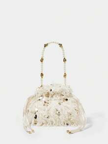 SHECARRY Bolso de mano con plumas falsas, fleece y lentejuelas con cuentas para mujer - Blanco roto - Ver 3