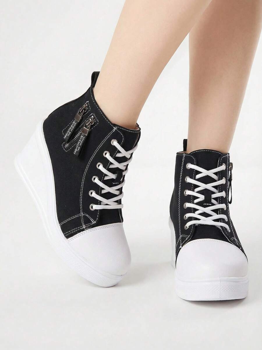 ROMWE Grunge Punk Zapatos de plataforma de lona para otoño/invierno, zapatillas de cuña de suela gruesa casual para mujer - Negro - Ver 1