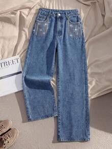 SHEIN MOD Women's Rhinestone Tassel Decor Slant Pocket Solid Color Casual Wide Leg Jeans - Blue - View 4
