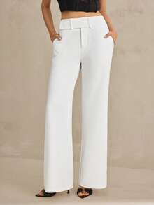 SHEIN Tall Women's Solid Color Pocket Flare Casual Elegant Pants, White Pant, Autumn, Clothes For Women, Tall Women Formal - White - View 5