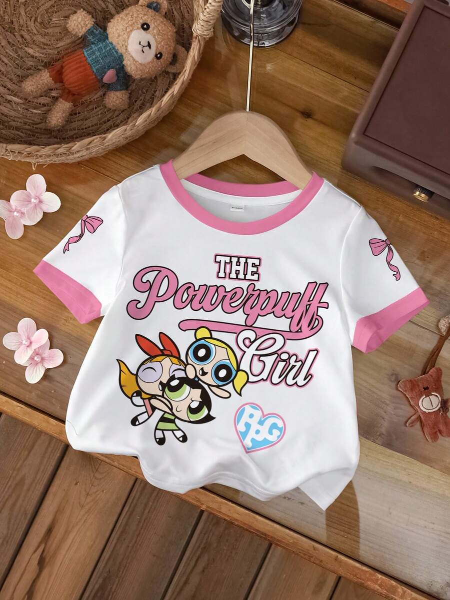 THE POWERPUFF GIRLS X SHEIN 女童休闲卡通印花圆领短袖T恤，夏季 - 白色 - 查看 1