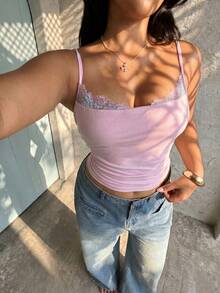 Rustia 大码女式蕾丝拼接休闲百搭日常吊带背心 - 粉色 - 查看 1