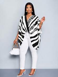 SOLERSUN Women's Elegant Black And White Summer Pastel Striped Leaf Print V-Neck Batwing Sleeve Pleated Asymmetrical High-Low Hem Plus Size Blouse - Black - View 3