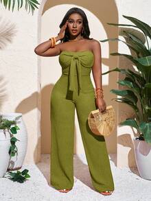 Slaydiva Bộ jumpsuit nữ mùa xuân hè mới, kiểu dáng thường ngày, gợi cảm và thanh lịch: áo ống thắt nơ, ống rộng dài chấm đất, màu cam, chất liệu dệt kim, thích hợp cho kỳ nghỉ. - Màu xanh Ô liu - Xem 4