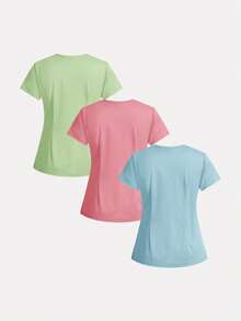 TaskEZ 3pcs Women's Basic V-Neck Double Pocket Short Sleeve Scrub Uniform Set - Multicolor - View 2