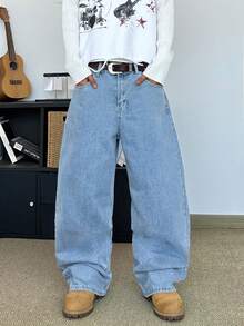 STEELVANCE Quần jeans nam ống rộng dáng suông, kiểu dáng thường ngày, có thêu hình ngôi sao ở túi sau, phong cách đường phố. - Rửa nhẹ - Xem 3