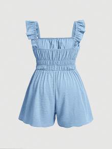 SHEIN MOD Mono de talla grande con detalle de volantes, tirantes centrales delanteros y decoración de cuentas de madera en verde aguacate y gris verde - Azul - Ver 2