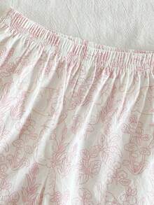 SHEIN Baby Girls' Pink White Rabbit Floral Pattern Ruffle Collar Short Sleeve Pants 2 Pieces Pajama Set Cute Summer Holiday Casual Comfortable Sleep Night - Pink - View 6