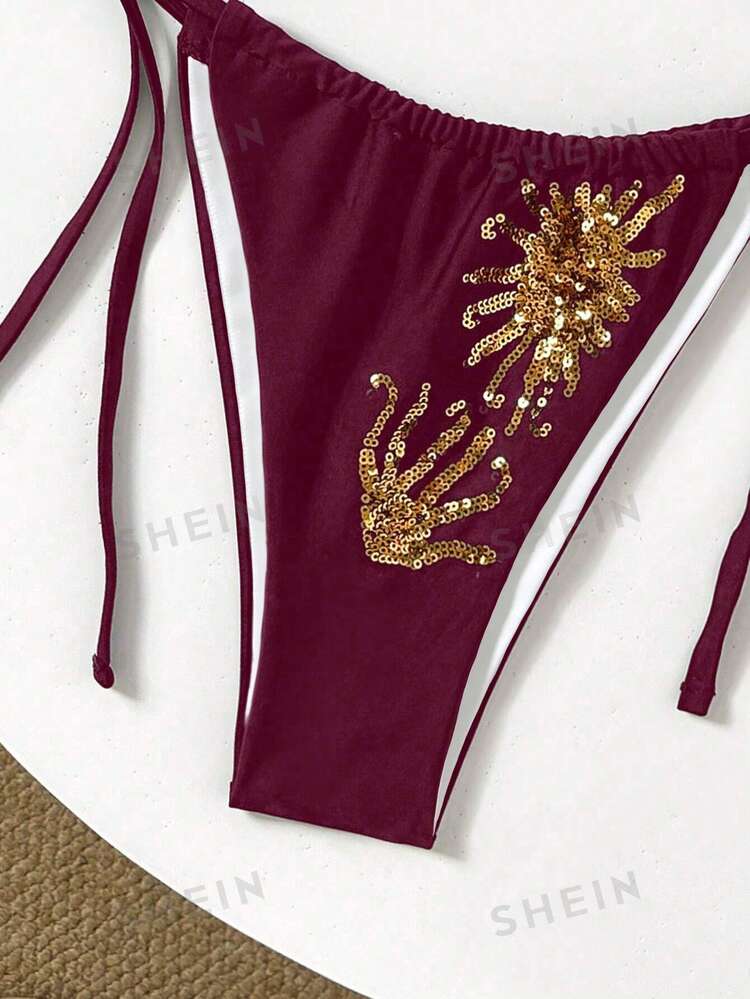 Swim Chiccia Bộ bikini gợi cảm buộc dây cổ, đính sequin, dành cho nữ, thích hợp mặc đi biển mùa hè. - Đỏ - Xem 8