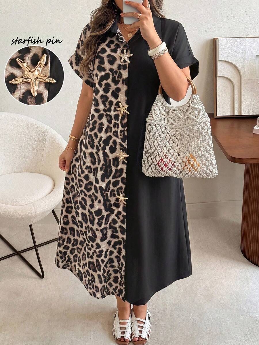 Ceyna 大码女式休闲豹纹纯色梭织连衣裙，圆领，双排扣设计，海星金属纽扣装饰，插肩袖，翻边袖口，不对称下摆，百搭款式，适合派对、音乐节、休闲、海滩、度假、约会等场合，新款大码女装，情人节短袖长款连衣裙 - 彩色 - 查看 1