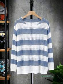 STEELVANCE Suéter de cuello redondo de manga larga con rayas y contraste de color para hombre - azul real - Ver 6