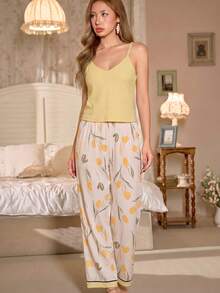 CottageSlumber Contrast Color Floral Print V-Neck Camisole & Pants Pajama Set - Multicolor - View 4