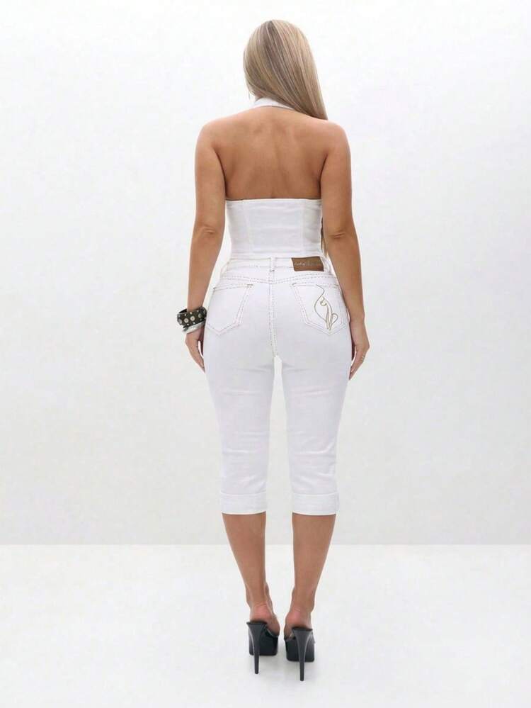 BABYPHAT Women's White Stretch Denim Capri Jeans With Turn Up Hem Cuffs And Cat Embroidery Detail High Rise Cropped Summer Pants