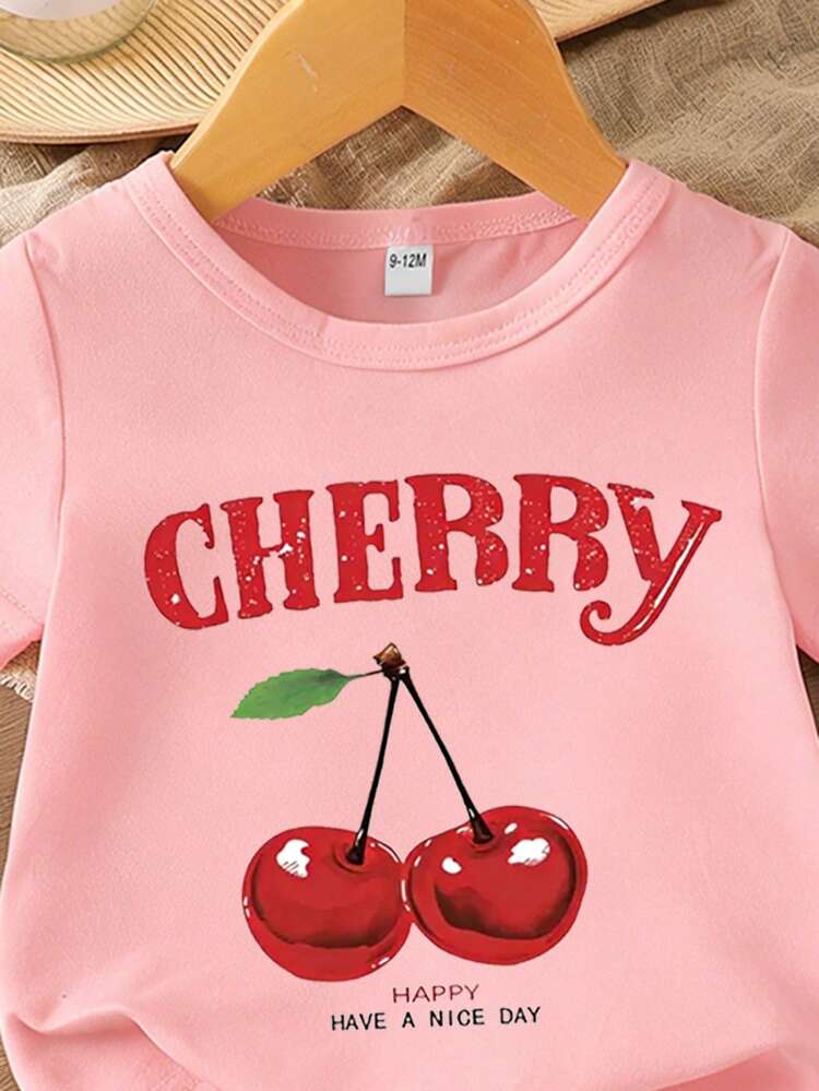 2pcs/Set Baby Girl Casual Cherry Letter Print Short Sleeve T-Shirt Paired With Minimalist Print Shorts Set, Suitable For Summer Outings - Multicolor - View 4