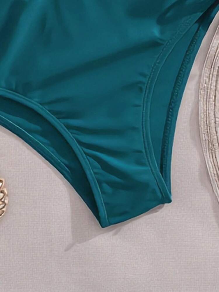 Swim Basics 2026 Women's Summer Beach Solid Color Hollow Out Halter Tie Sexy Bikini Swimsuit Set With Underwire - Green - View 7