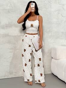 SHEIN PETITE 2 piezas Conjunto de top de tirantes y pantalones con estampado de oso para mujer - Albaricoque - Ver 4