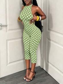 BamGleam Bộ jumpsuit nữ thời trang thường ngày, ôm sát, chất liệu lụa sữa co giãn, họa tiết chấm bi màu sắc tươi sáng, kiểu dáng buộc dây cổ, hở lưng, không tay, quần lửng. - màu xanh lá - Xem 6