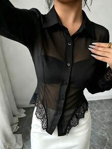Elenzga 女士时尚优雅单排扣蕾丝拼接不对称下摆薄纱衬衫 - 黑色 - 查看 5