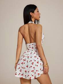 SHEIN PETITE Đầm cổ yếm in hình quả anh đào - Đỏ và trắng - Xem 2