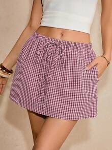 Poéselle Pantalones cortos de mujer a cuadros con cordón en la cintura, versátiles y de uso diario - Rosa - Ver 3