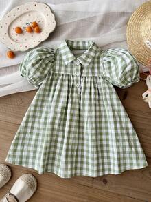 SHEIN Đầm dệt cổ bẻ kẻ caro tay cánh hoa cho bé gái - màu xanh lá - Xem 2