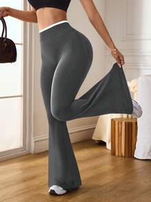 Slayform Slayform Women's Contrast Color Ruched Flare Sports Leggings - Dark Grey - View 7